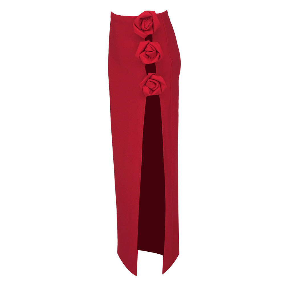 Damen eleganter, figurbetonter Rock mit Blumenapplikationen und seitlichem Schlitz EB