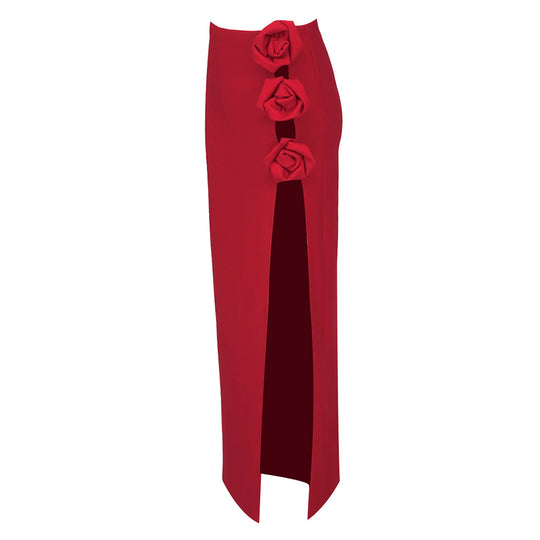 Damen eleganter, figurbetonter Rock mit Blumenapplikationen und seitlichem Schlitz EB