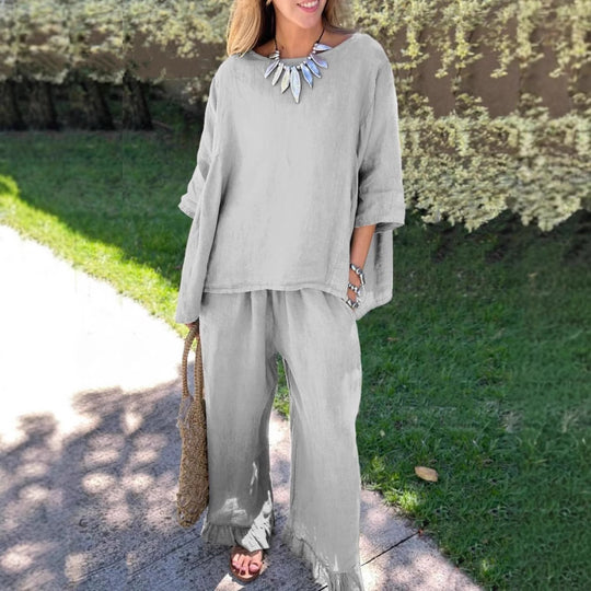 Damen lässiges Leinen-Outfit mit weitem Schnitt und angeschnittenen Ärmeln EB