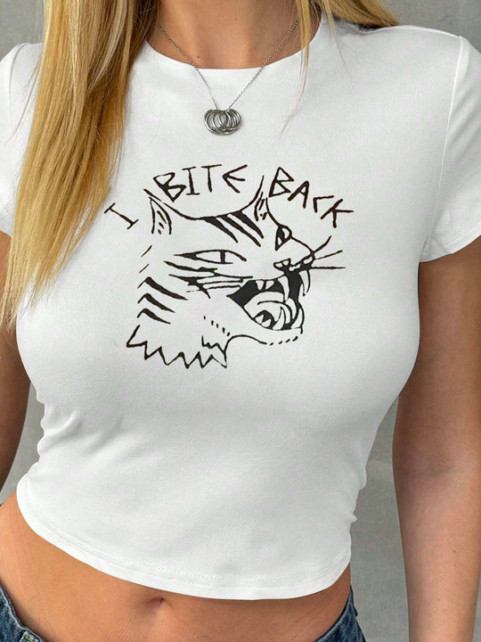 Damen Crop-T-Shirt mit kreativem Lippenmotiv und figurbetontem Schnitt EB