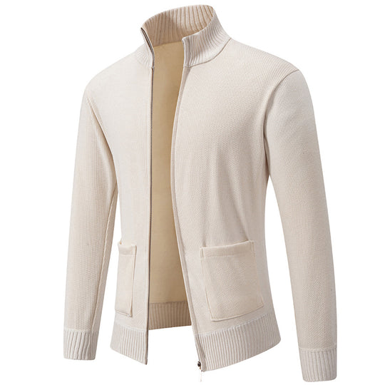 Herren nan feinstrukturierter Reißverschluss-Strickcardigan mit Stehkragen und aufgesetzten Taschen EB