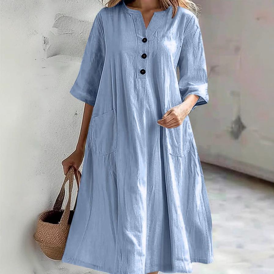 Damen lässiges Baumwollkleid mit Knopfleiste und praktischen Taschen EB