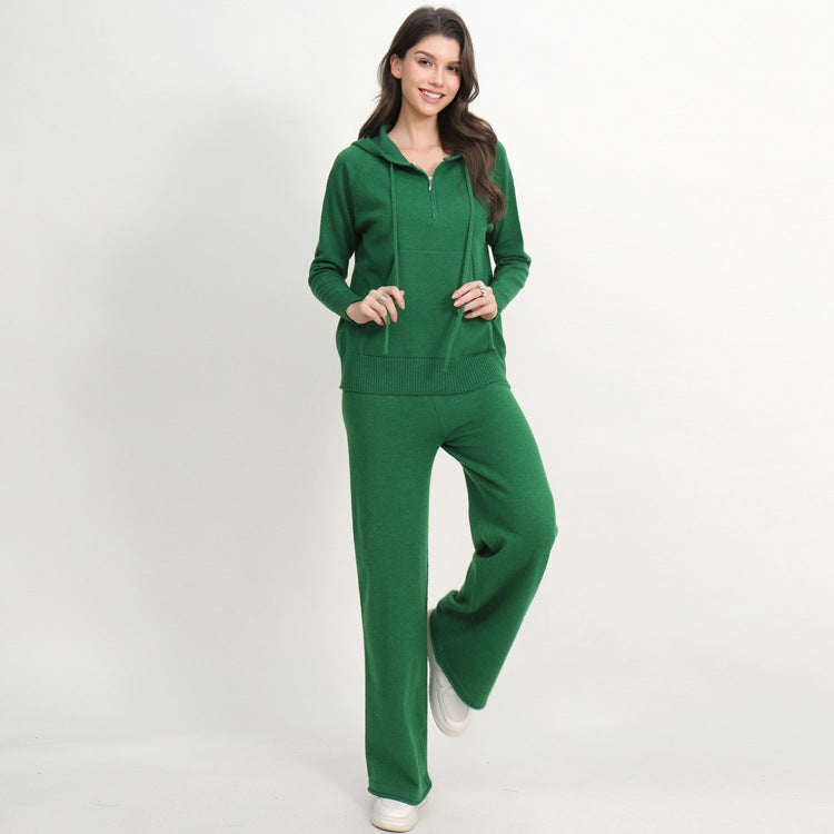 Damen lässiges Strick-Loungewear-Set mit Kapuze und weitem Bein EB