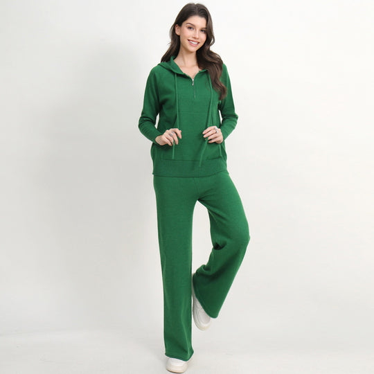 Damen lässiges Strick-Loungewear-Set mit Kapuze und weitem Bein EB