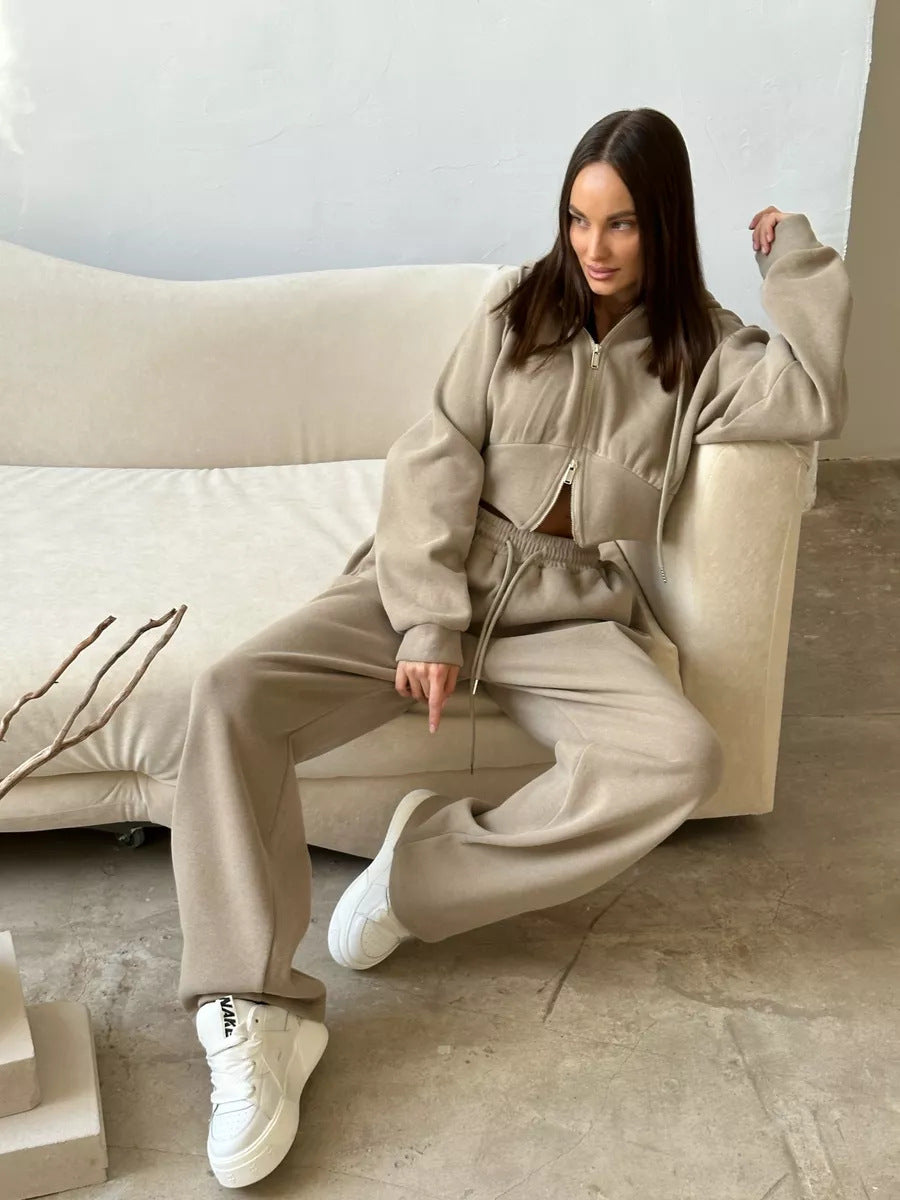 Damen Kurzgeschnittenes Zip-Hoodie mit Kordelzug‑Taille und weiter Palazzo‑Jogginghose EB