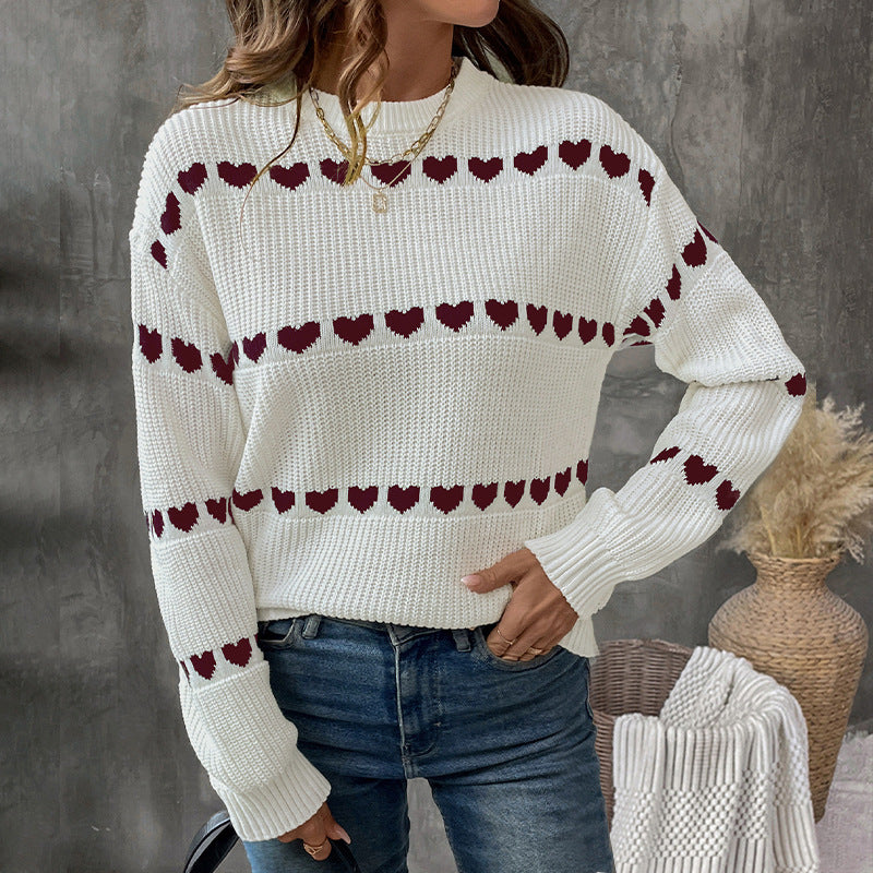 Damen lässiger Strickpullover mit Herzenmuster und lockerem Schnitt EB