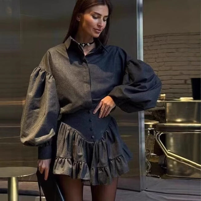 Damen Set aus eleganter Bluse mit Puffärmeln und schwingendem Rock EB