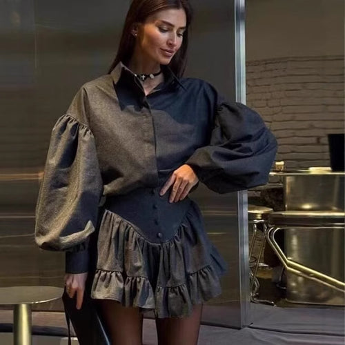 Damen Set aus eleganter Bluse mit Puffärmeln und schwingendem Rock EB