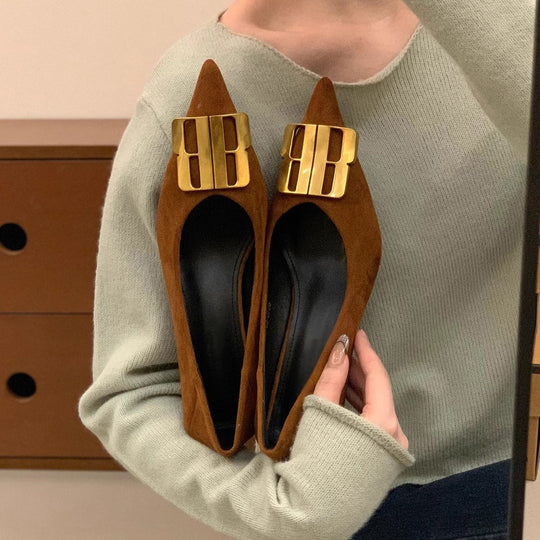 Damen elegante Slingback Pumps mit goldener Schnallenverzierung EB