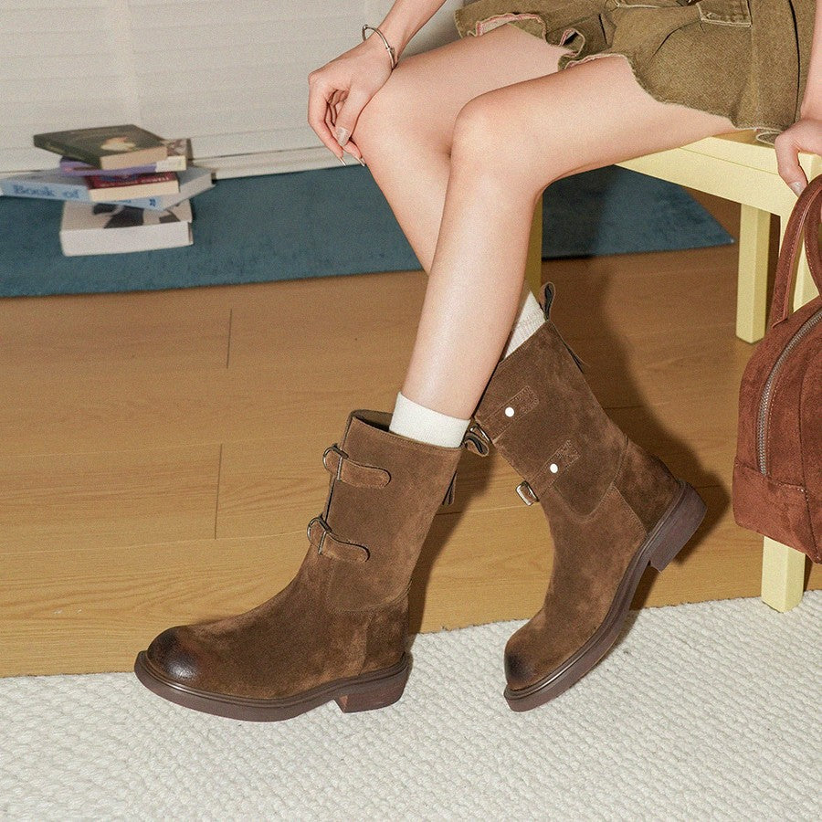 Damen modische Ankle Boots mit dekorativen Riemen und robustem Sohlenprofil EB