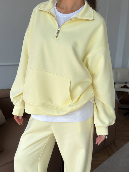 Damen nan weites Halfzip-Lounge-Set mit Kapuzenpullover, Kängurutasche und fließender Wide-Leg-Hose EB