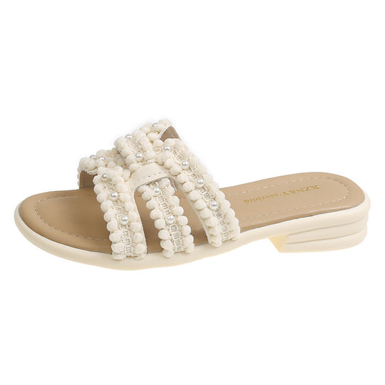 Damen Elegante Slide-Sandalen mit modischen Perlen- und Fransenakzenten EB