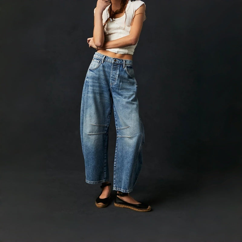Damen Weite High-Waist Jeans im Vintage-Look mit ausgefallenem Waschverfahren EB