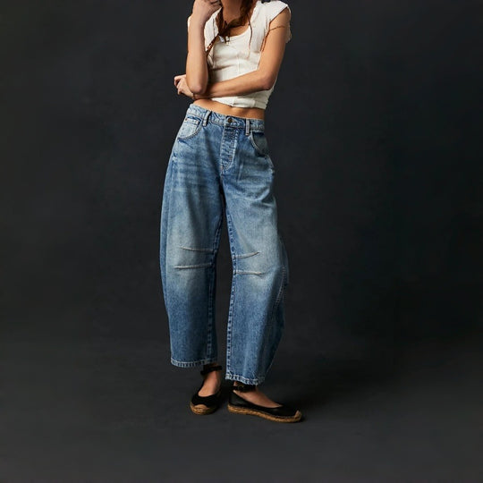 Damen Weite High-Waist Jeans im Vintage-Look mit ausgefallenem Waschverfahren EB