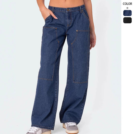 Damen Weit geschnittene Utility-Jeans mit praktischen Taschen und hohem Bund EB