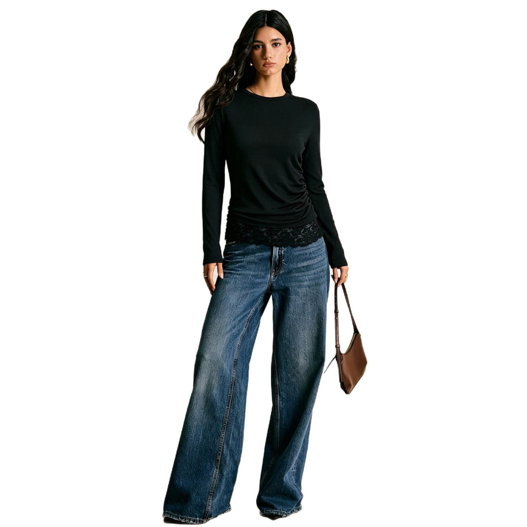 Damen figurbetontes geripptes Langarmshirt mit seitlicher Raffung und Spitzen-Saum Eichborn Berlin