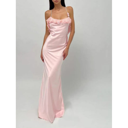 Damen Maxi-Kleid mit eleganten Rüschendetails und tiefem Rückenausschnitt EB