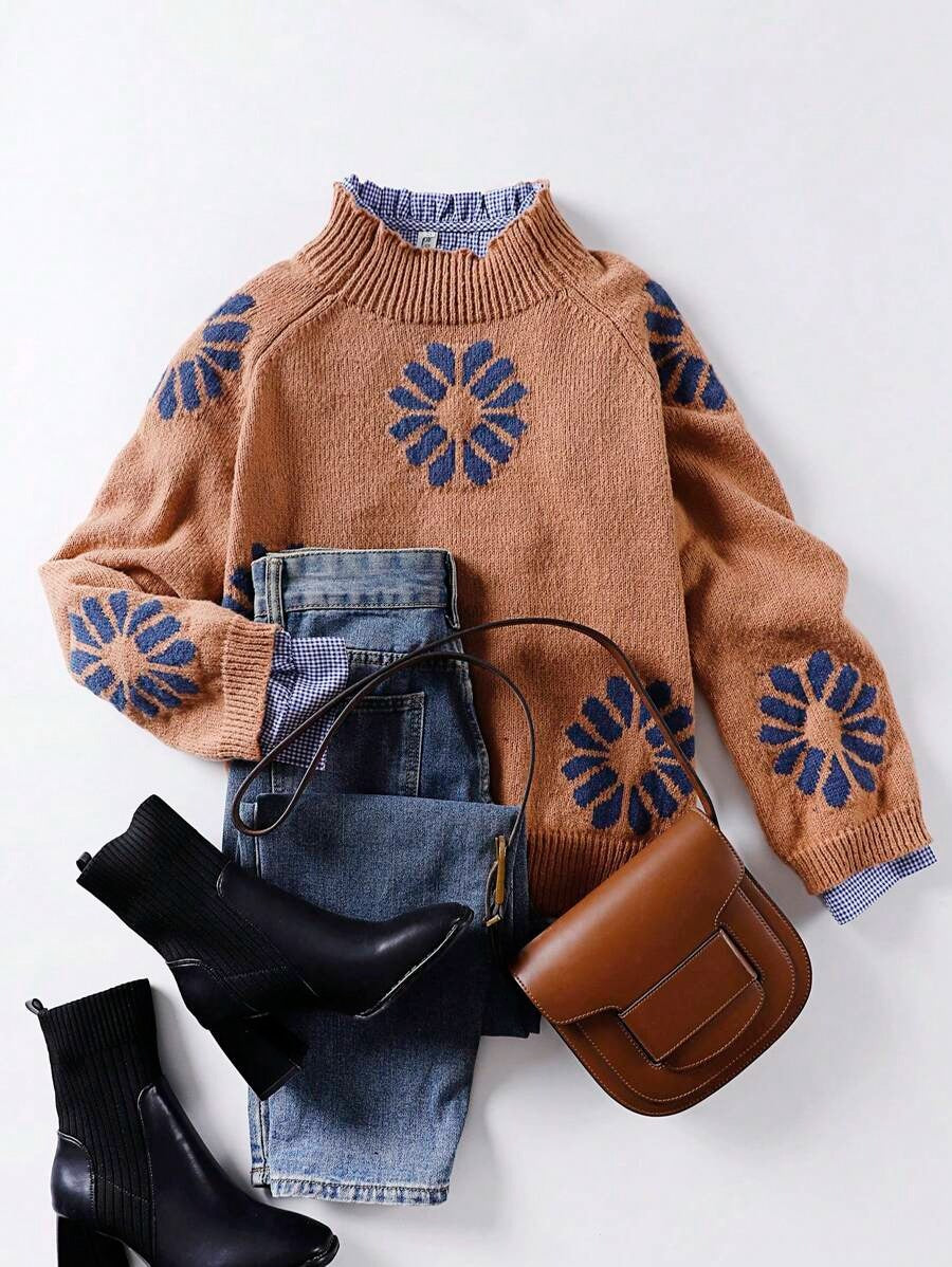 Damen Strickpullover mit floralem Motiv und modernem Rundhalsausschnitt EB