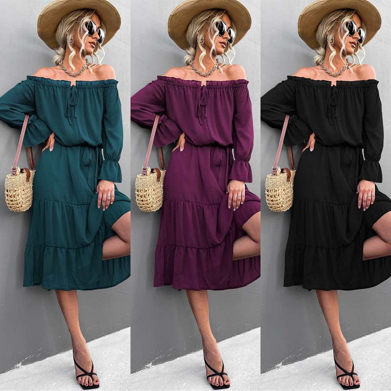 Damen lässiges Off-Shoulder Kleid mit Rüschensaum und Taillengürtel EB