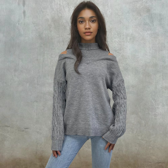 Damen Pullover mit schulterfreien Ärmeln und Zopfmuster EB