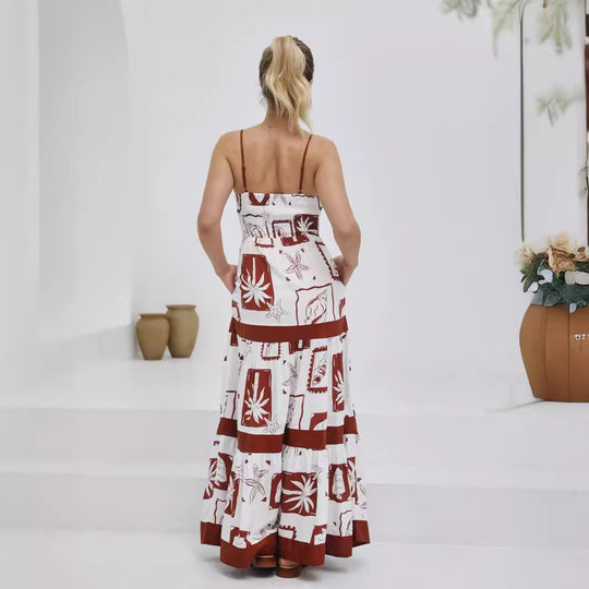 Damen Maxikleid mit elastischem Taillenbund und bohemian Muster EB