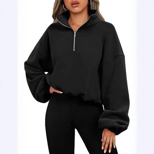 Damen nan kurz geschnittenes Halbzip-Sweatshirt mit hohem Stehkragen, Ballonärmeln und elastischem Saum EB