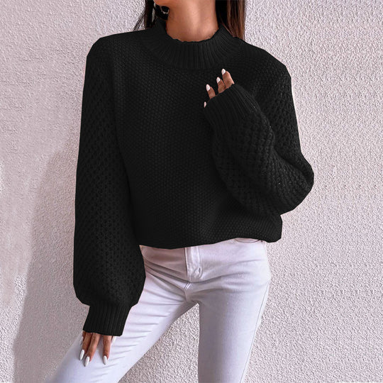 Damen kuscheliger Strickpullover mit hohem Kragen und strukturiertem Muster EB