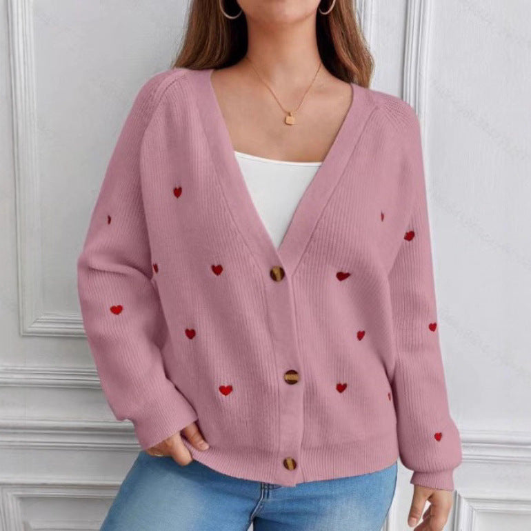 Damen Strickjacke mit Herzapplikationen und Knopfdesign EB