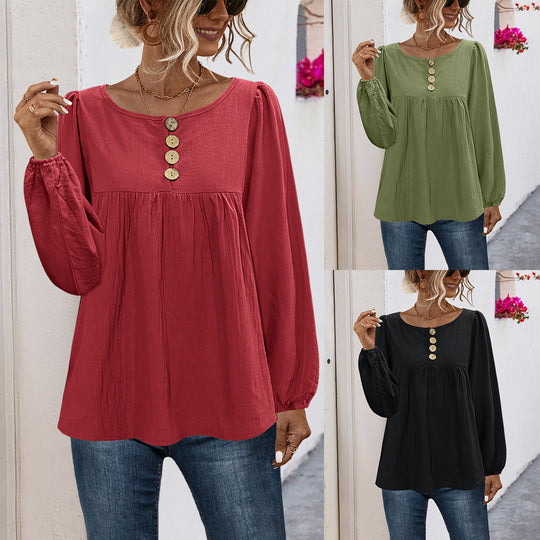 Damen Bluse mit Knopfdetails und voluminösen Ärmeln EB