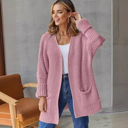 Damen gestrickter Cardigan mit großzügigen Taschen und strukturiertem Design EB