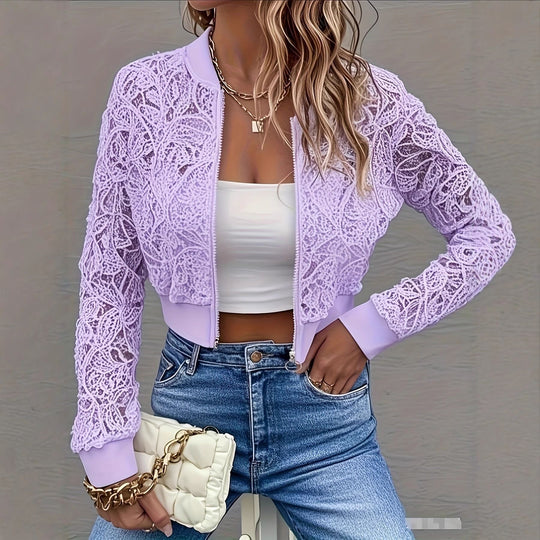 Damen Cropped Spitzen-Bomberjacke mit floraler Häkeloptik und Rippbündchen EB