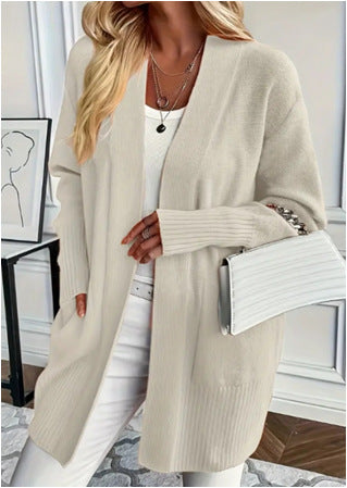 Damen vielseitige Strickjacke mit offenem Frontdesign und praktischen Taschen EB