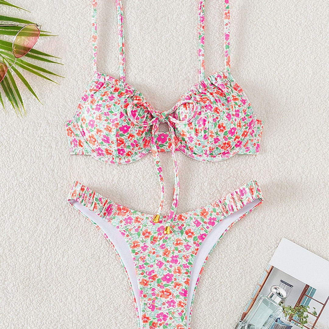 Damen Push-Up-Bikini mit floralem Design und raffinierter Schnürung EB