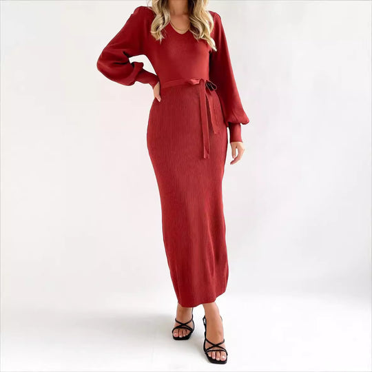 Damen elegantes Strickkleid mit Puffärmeln EB