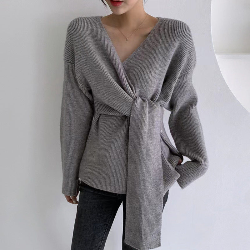 Damen Wickelpullover mit lässigem Schnitt und modischen Bindebändern EB