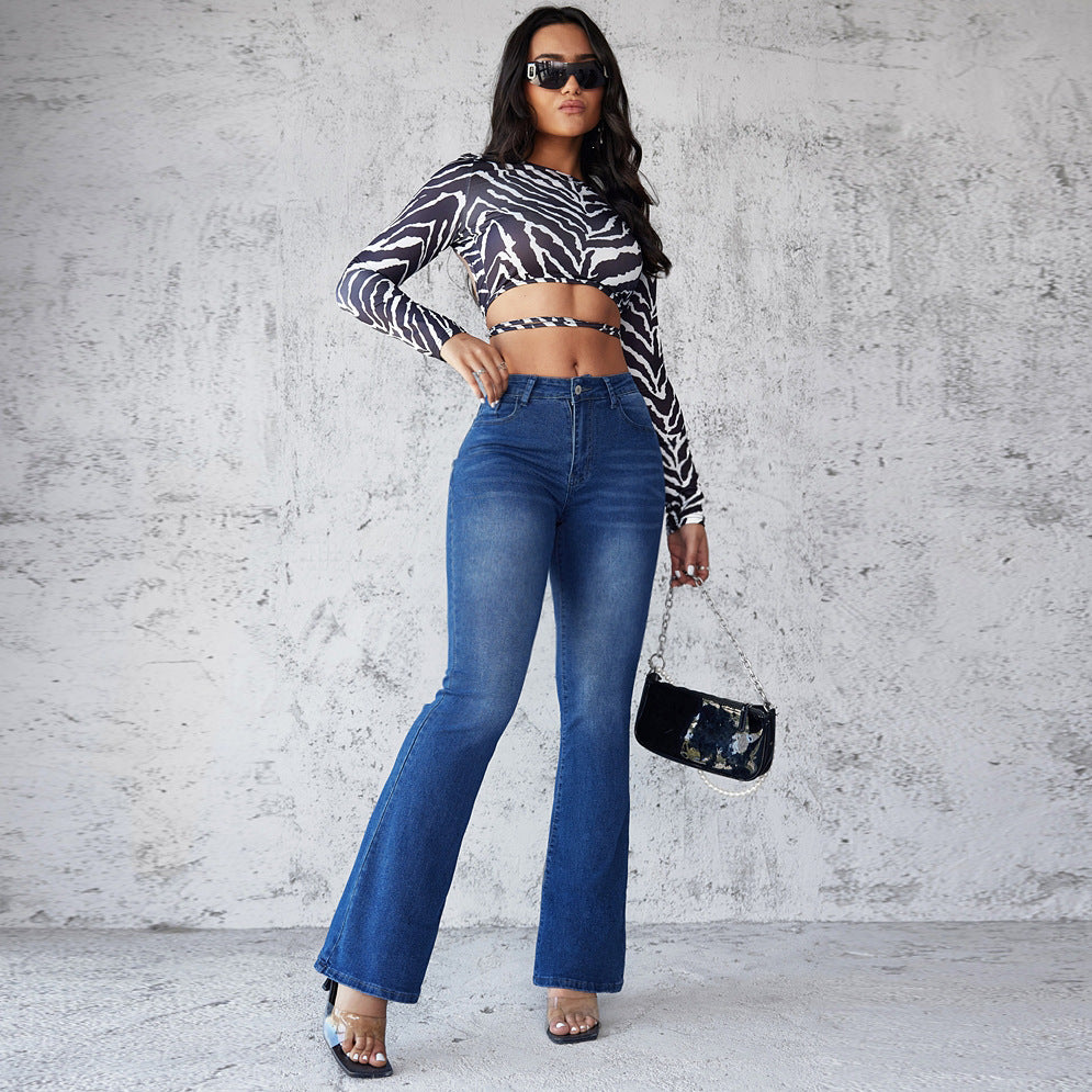Damen Flared Jeans mit hohem Taillenbund und modischer Waschung EB