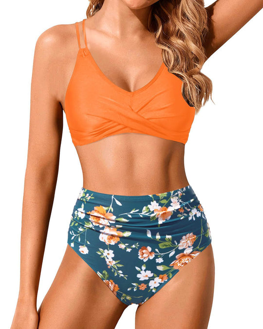 Damen Hochtailliertes Bikini-Set mit gerafftem Oberteil EB