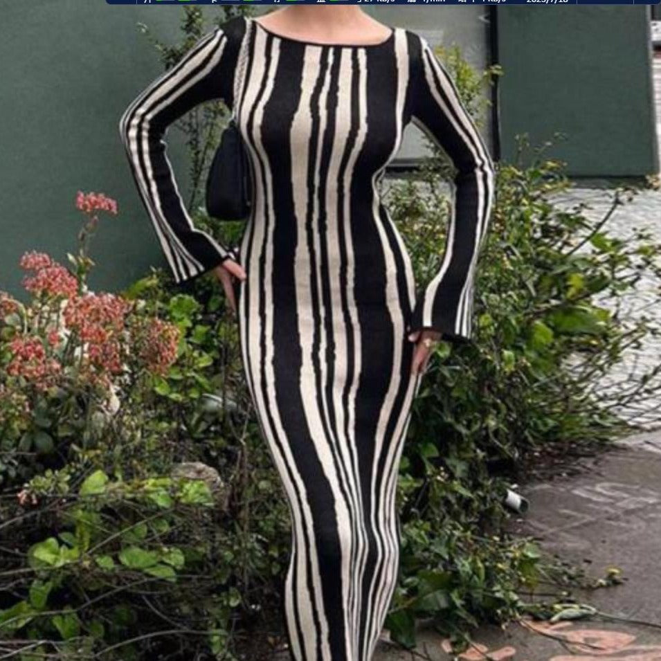 Damen Elegantes Maxi-Kleid mit spannendem Muster und langem Arm EB