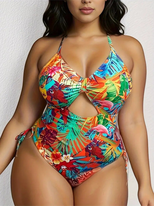 Damen Einteiliger Badeanzug mit exotischem Schnitt und buntem Tropen-Design EB