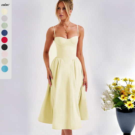 Damen Midikleid mit elegantem Bustier-Oberteil und fließendem Rock EB