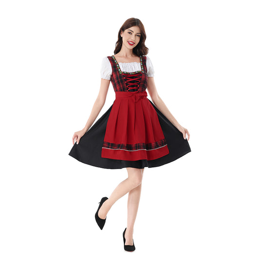 Damen nan traditionelles Dirndlkleid mit kariertem Mieder, Schnürung, Puffärmeln und Schürze EB