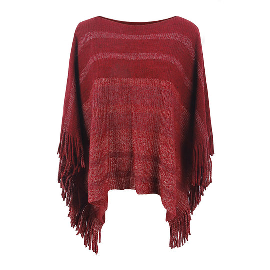 Damen eleganter Poncho mit strukturiertem Design und fransigen Details EB