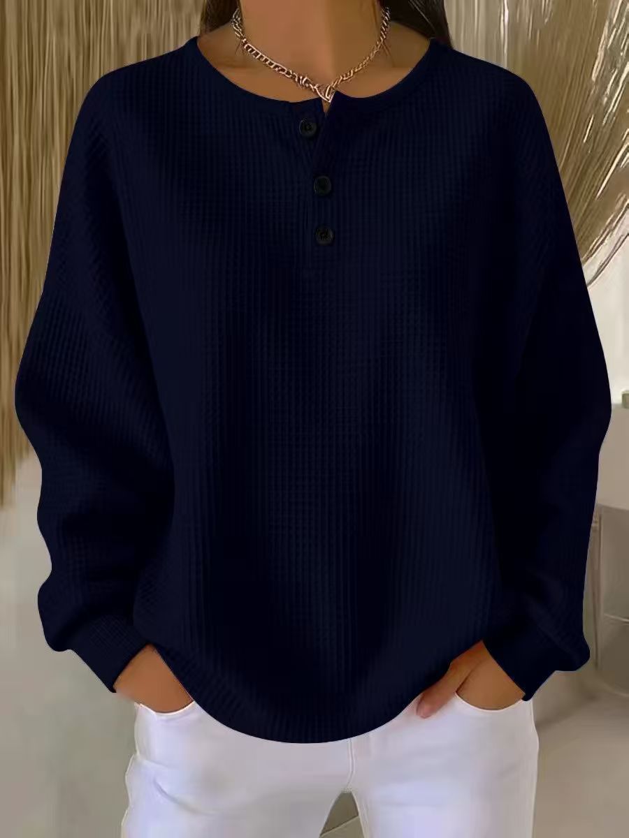 Damen nan Oversized Waffelstrick Henley-Pullover mit Knopfleiste und abgerundetem Saum EB