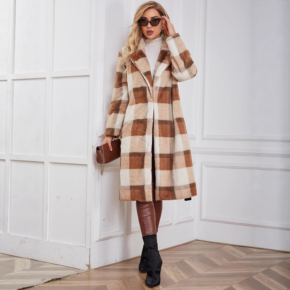 Damen Flauschiger Karomantel mit elegantem Revers und praktischen Taschen EB