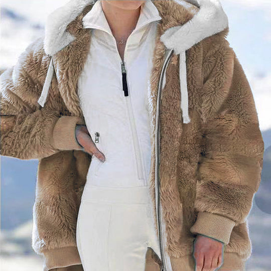 Damen nan kuschelige Kapuzen-Teddyjacke mit wattiertem Innenfutter und Rippbündchen EB