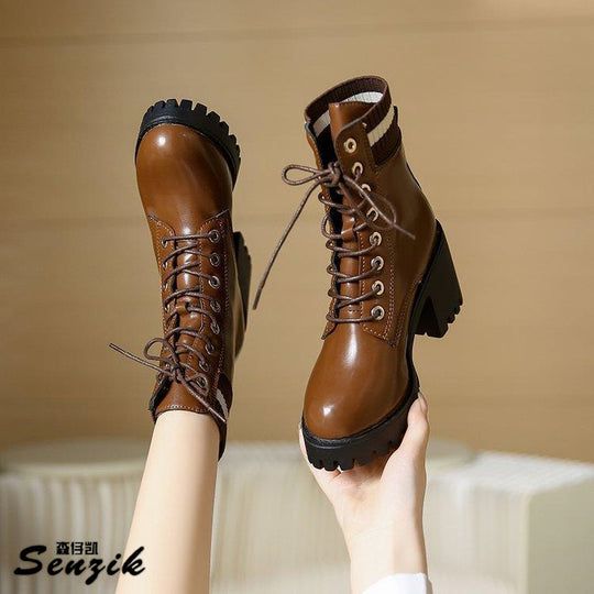 Damen Schnürstiefel mit robustem Blockabsatz und elastischem Strickkragen EB