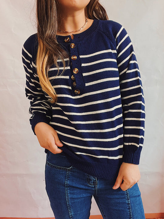 Damen gestreifter Strickpullover mit Knopfdetails und lässigem Schnitt EB