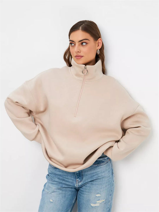 Damen Oversized Halbzip Sweater mit hohem Stehkragen und Rippbündchen EB