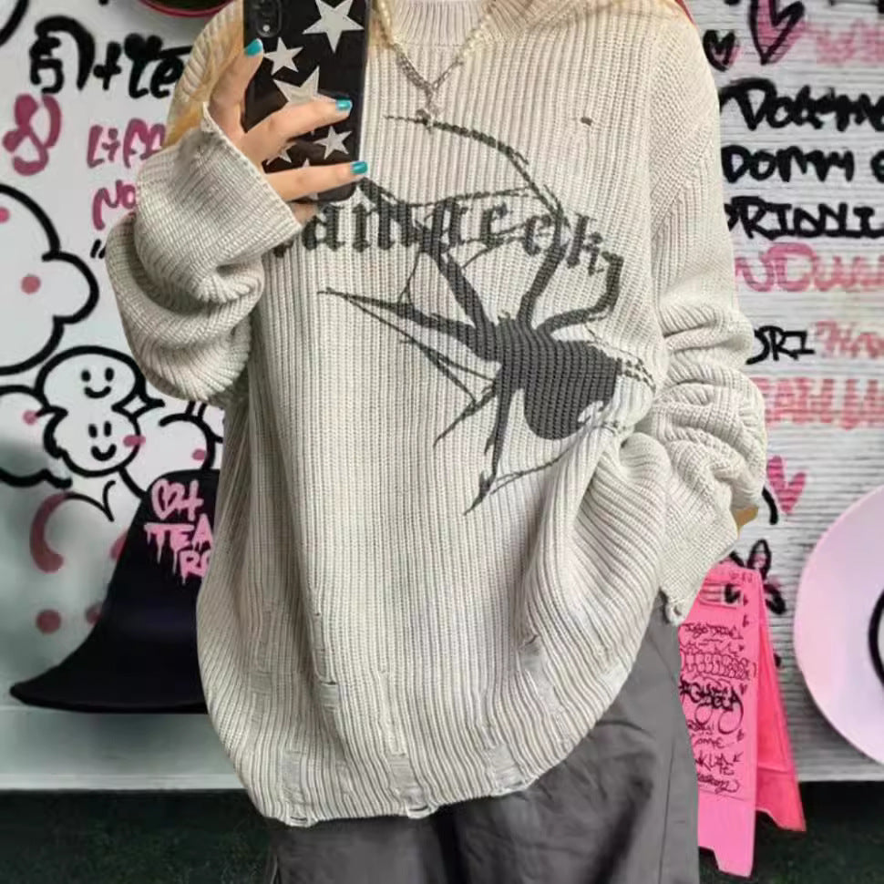 Damen Oversized Strickpullover mit auffälligem Spinnenmuster EB