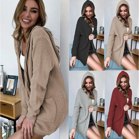 Damen Grobe Strickjacke mit Kapuze und tiefen Taschen EB